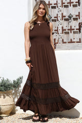 Irene Maxi Dress - Sleeveless Shirred Bodice Dress with Lace Inserts in Chocolate