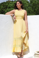 Irene Maxi Dress - Sleeveless Shirred Bodice Dress with Lace Inserts in Lemon