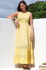 Irene Maxi Dress - Sleeveless Shirred Bodice Dress with Lace Inserts in Lemon