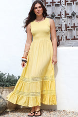 Irene Maxi Dress - Sleeveless Shirred Bodice Dress with Lace Inserts in Lemon