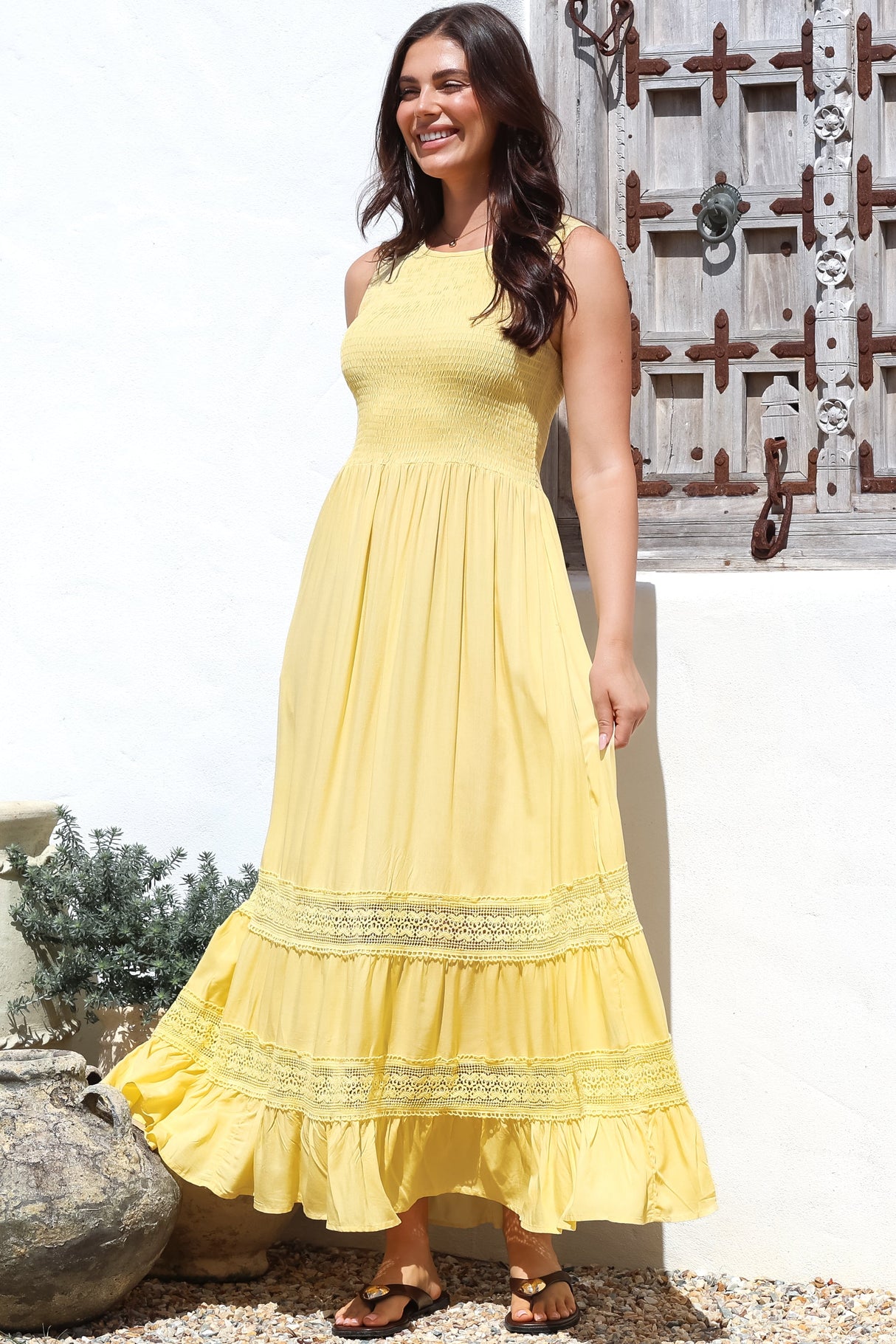 Irene Maxi Dress - Sleeveless Shirred Bodice Dress with Lace Inserts in Lemon