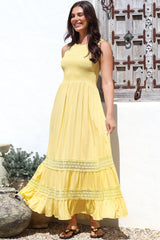 Irene Maxi Dress - Sleeveless Shirred Bodice Dress with Lace Inserts in Lemon