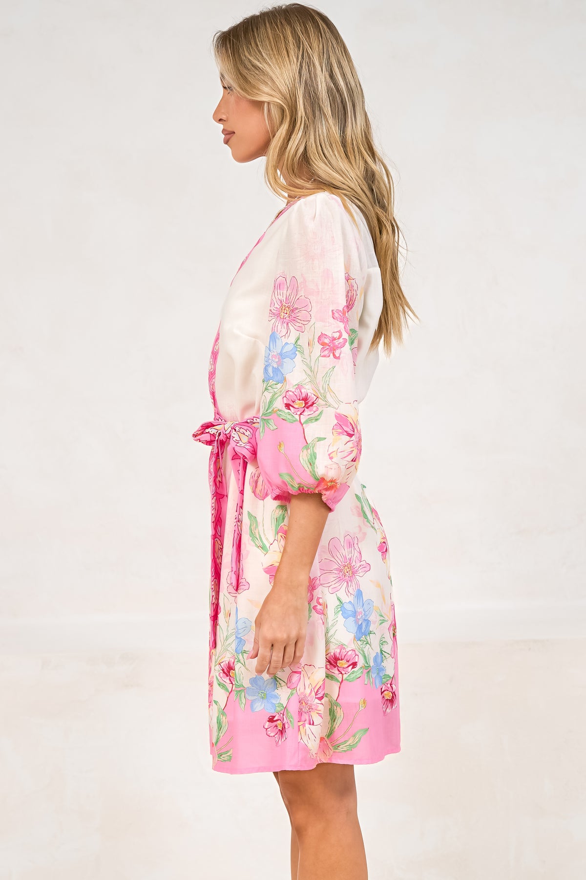 Iridesa Mini Dress - V Neck Button Down Dress with Waist Tie and Balloon Sleeves in Floretta Print