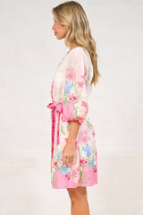 Iridesa Mini Dress - V Neck Button Down Dress with Waist Tie and Balloon Sleeves in Floretta Print
