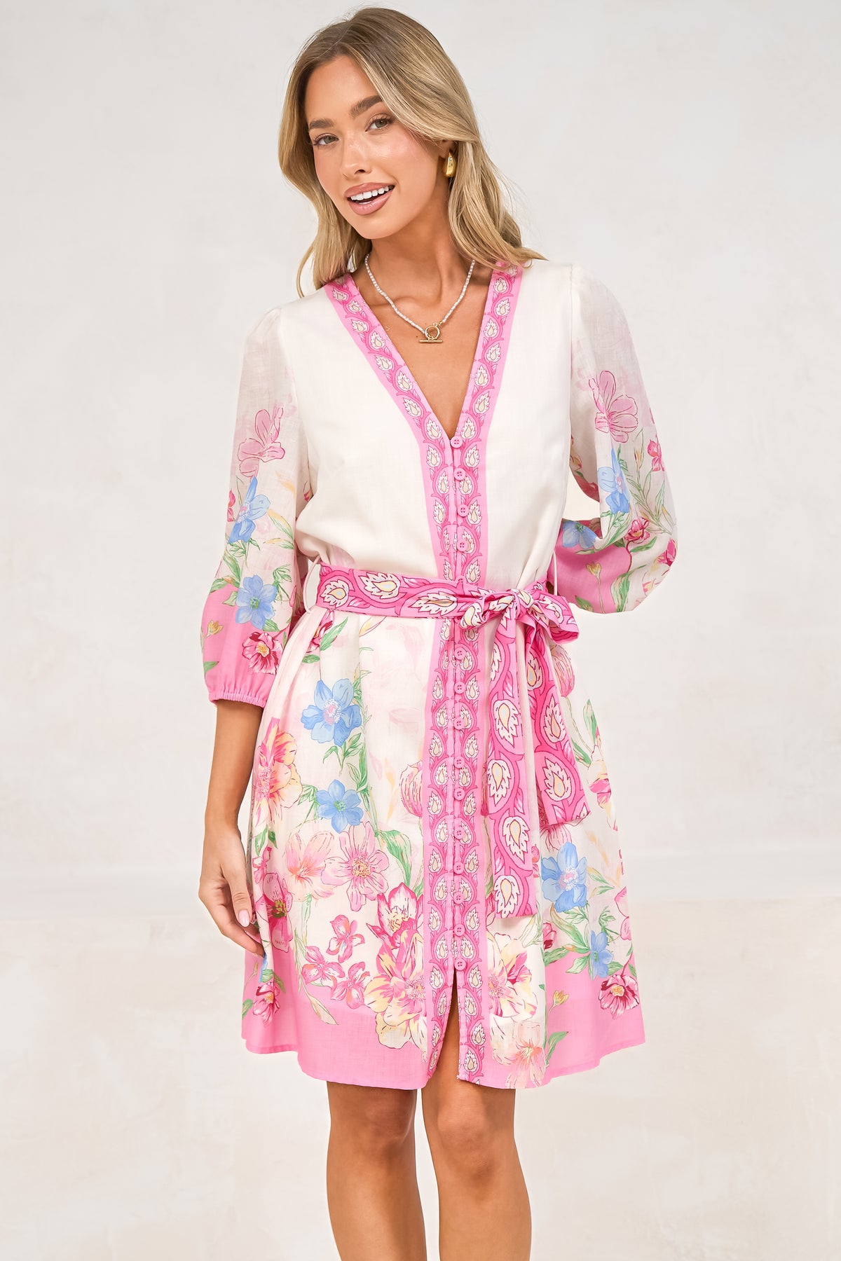 Iridesa Mini Dress - V Neck Button Down Dress with Waist Tie and Balloon Sleeves in Floretta Print