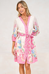 Iridesa Mini Dress - V Neck Button Down Dress with Waist Tie and Balloon Sleeves in Floretta Print