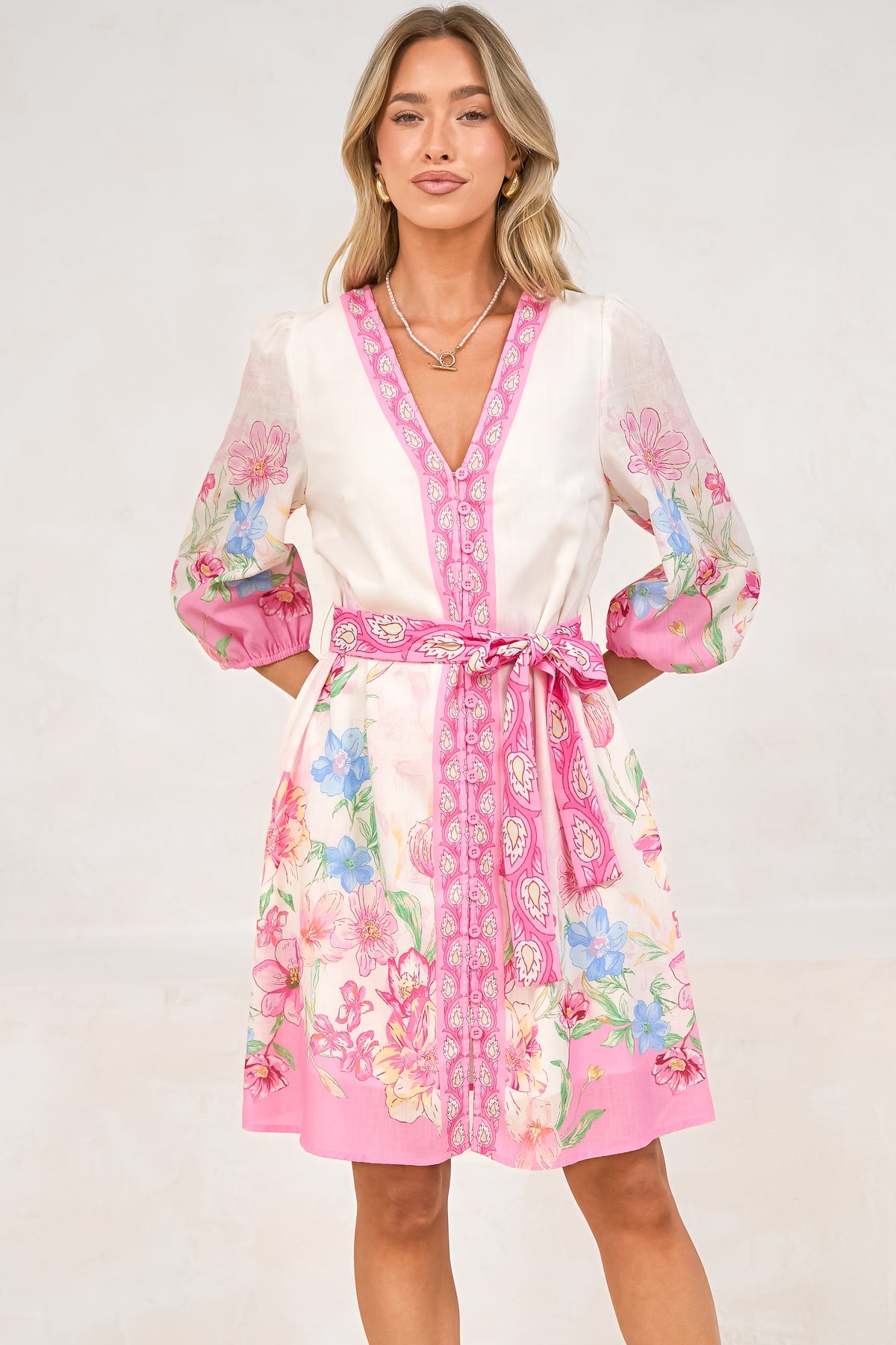Iridesa Mini Dress - V Neck Button Down Dress with Waist Tie and Balloon Sleeves in Floretta Print