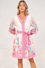 Iridesa Mini Dress - V Neck Button Down Dress with Waist Tie and Balloon Sleeves in Floretta Print