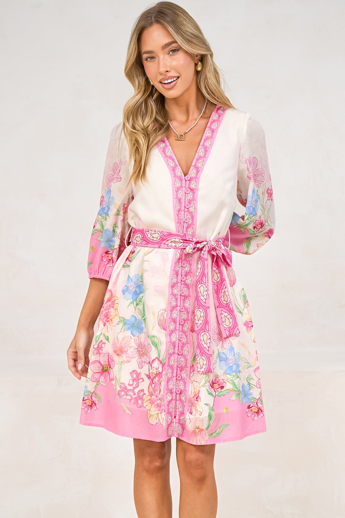 Iridesa Mini Dress - V Neck Button Down Dress with Waist Tie and Balloon Sleeves in Floretta Print