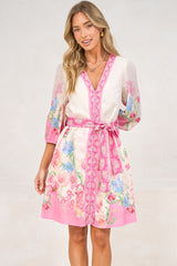 Iridesa Mini Dress - V Neck Button Down Dress with Waist Tie and Balloon Sleeves in Floretta Print