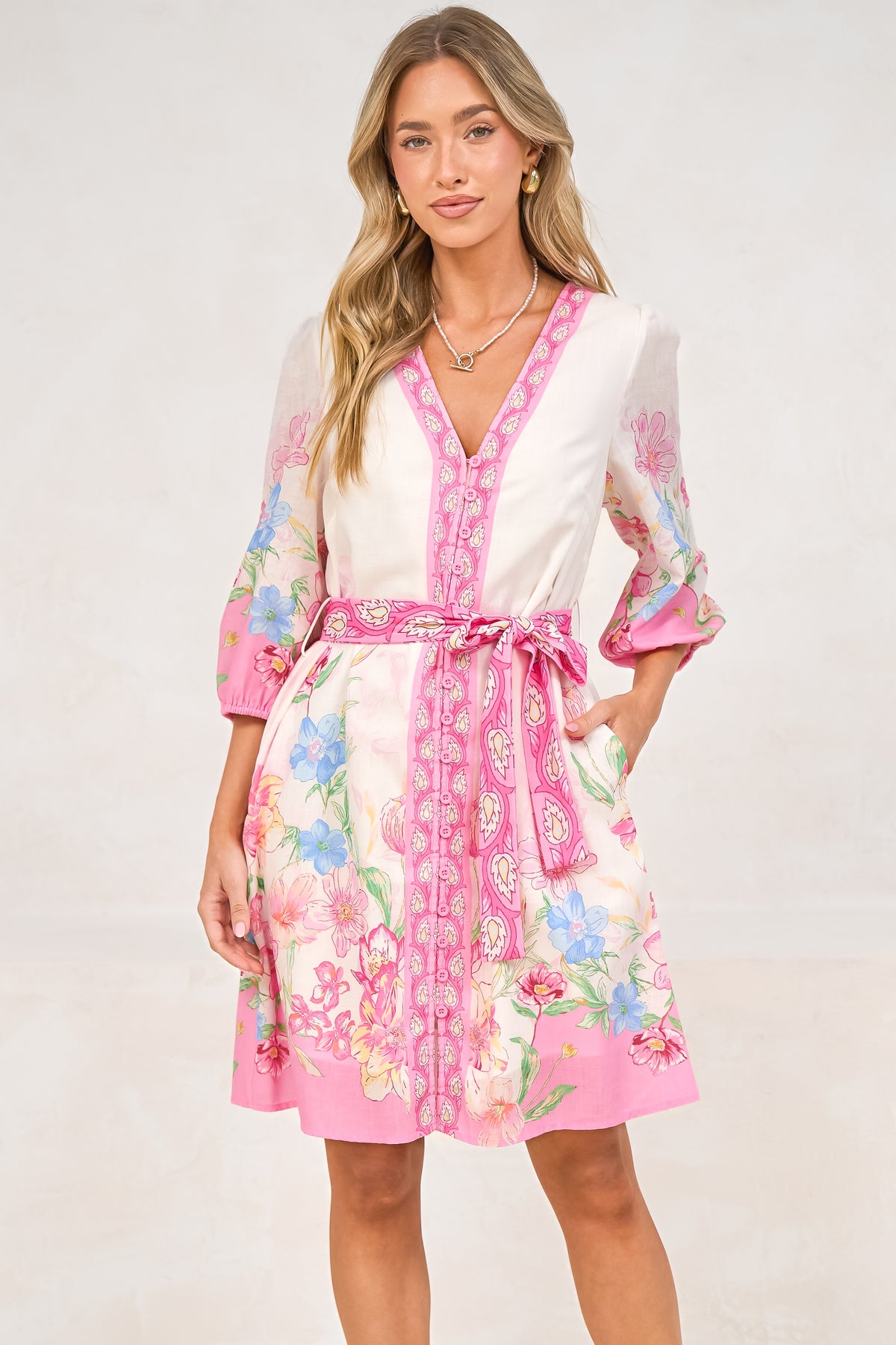Iridesa Mini Dress - V Neck Button Down Dress with Waist Tie and Balloon Sleeves in Floretta Print