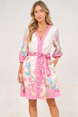 Iridesa Mini Dress - V Neck Button Down Dress with Waist Tie and Balloon Sleeves in Floretta Print