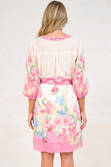 Iridesa Mini Dress - V Neck Button Down Dress with Waist Tie and Balloon Sleeves in Floretta Print