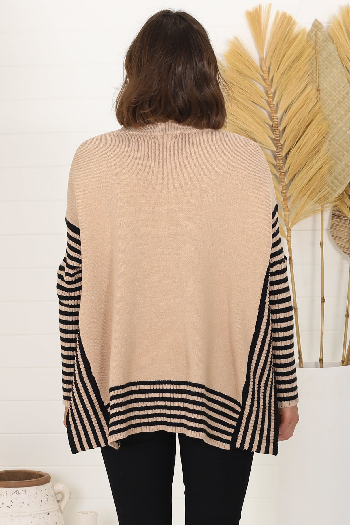 Irina Jumper - Crew Neck Batwing Sleeve Open Sides Jumper in Camel