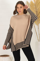 Irina Jumper - Crew Neck Batwing Sleeve Open Sides Jumper in Camel