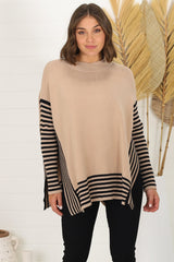 Irina Jumper - Crew Neck Batwing Sleeve Open Sides Jumper in Camel