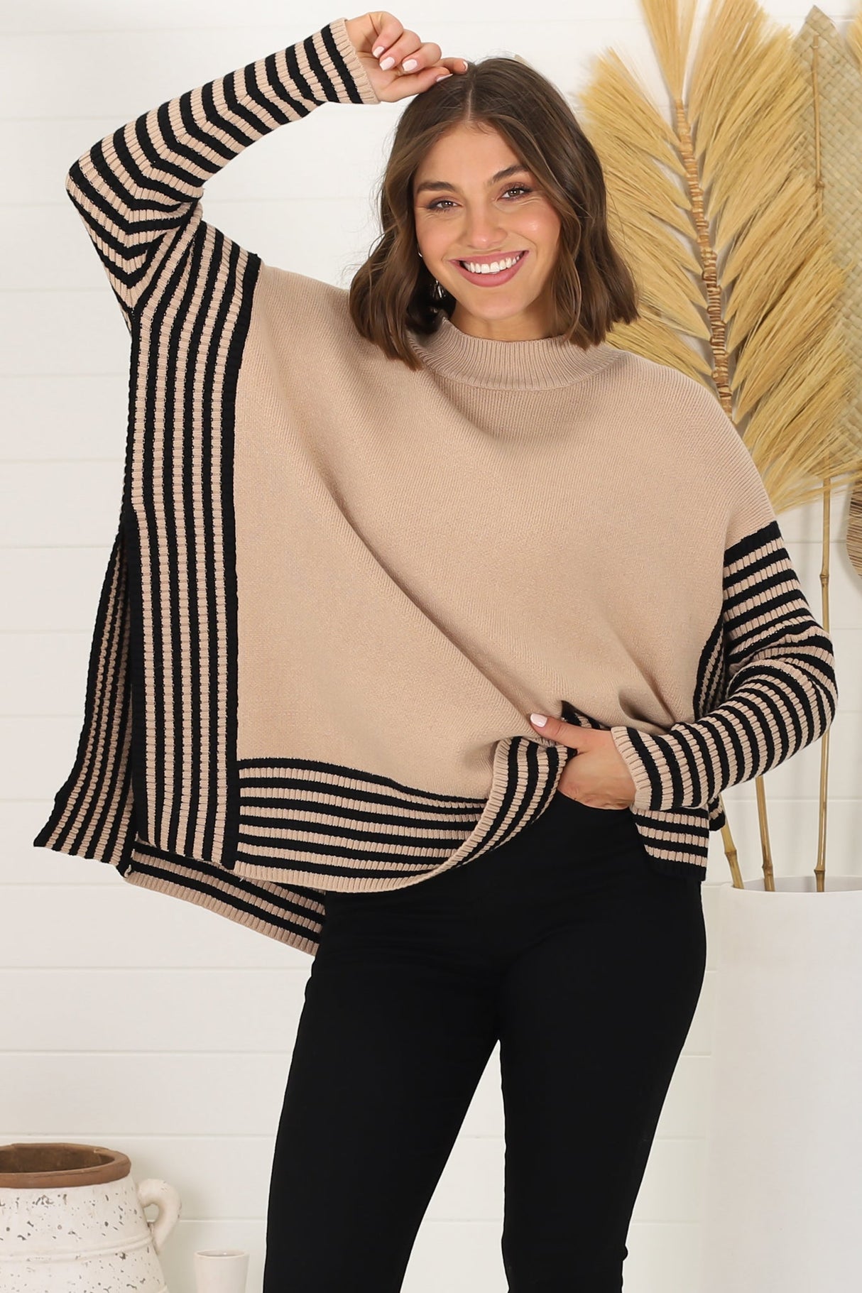 Irina Jumper - Crew Neck Batwing Sleeve Open Sides Jumper in Camel