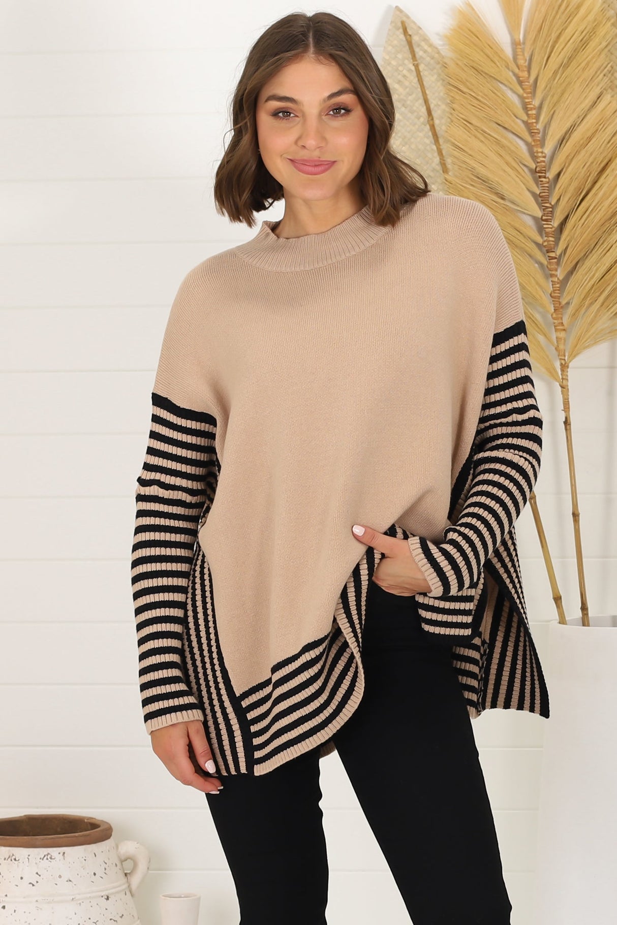 Irina Jumper - Crew Neck Batwing Sleeve Open Sides Jumper in Camel