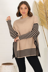 Irina Jumper - Crew Neck Batwing Sleeve Open Sides Jumper in Camel