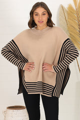 Irina Jumper - Crew Neck Batwing Sleeve Open Sides Jumper in Camel