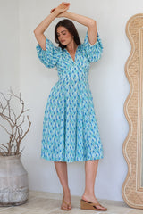Irisa Midi Dress - Lace Trim V-Neck A-Line Dress with Balloon Sleeves in Pasha Print