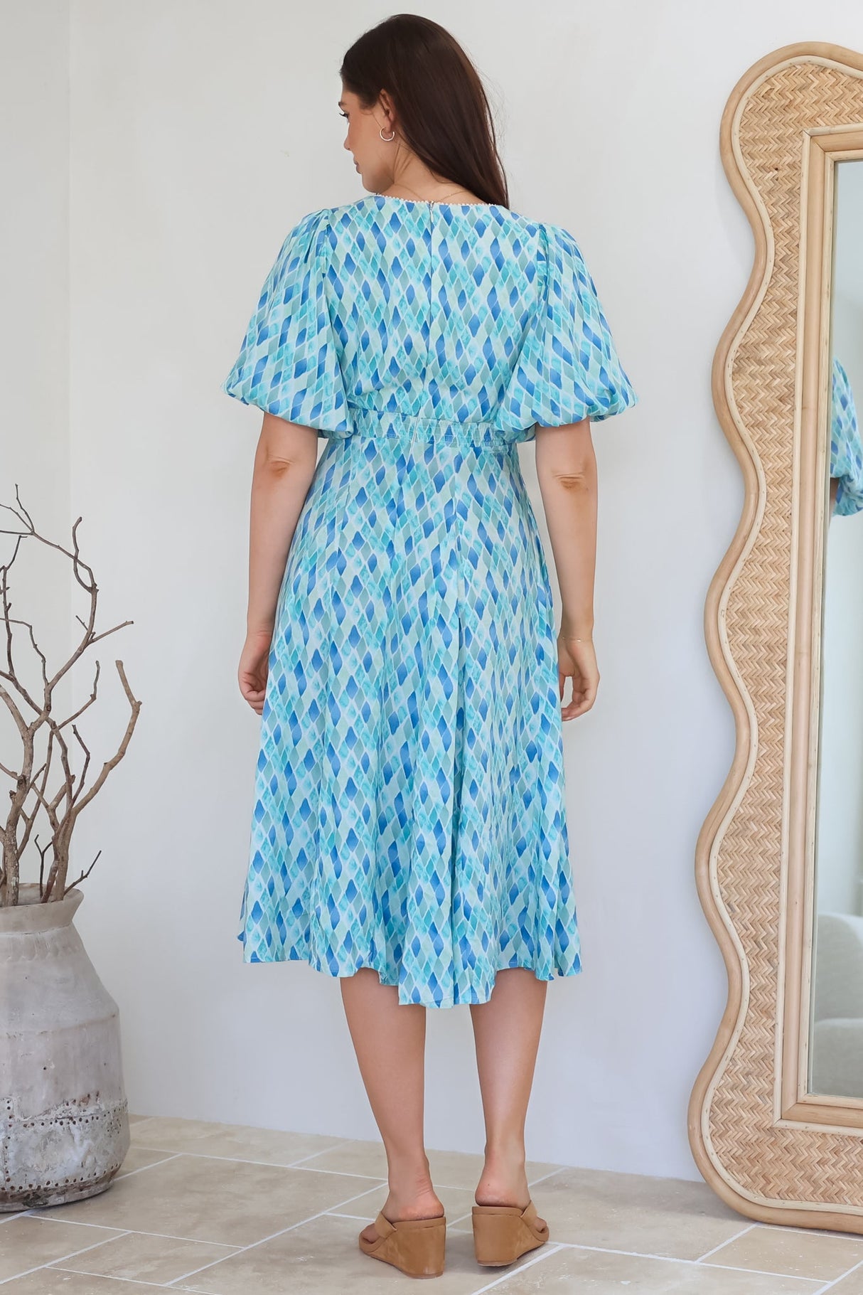 Irisa Midi Dress - Lace Trim V-Neck A-Line Dress with Balloon Sleeves in Pasha Print