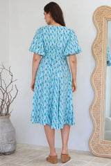 Irisa Midi Dress - Lace Trim V-Neck A-Line Dress with Balloon Sleeves in Pasha Print