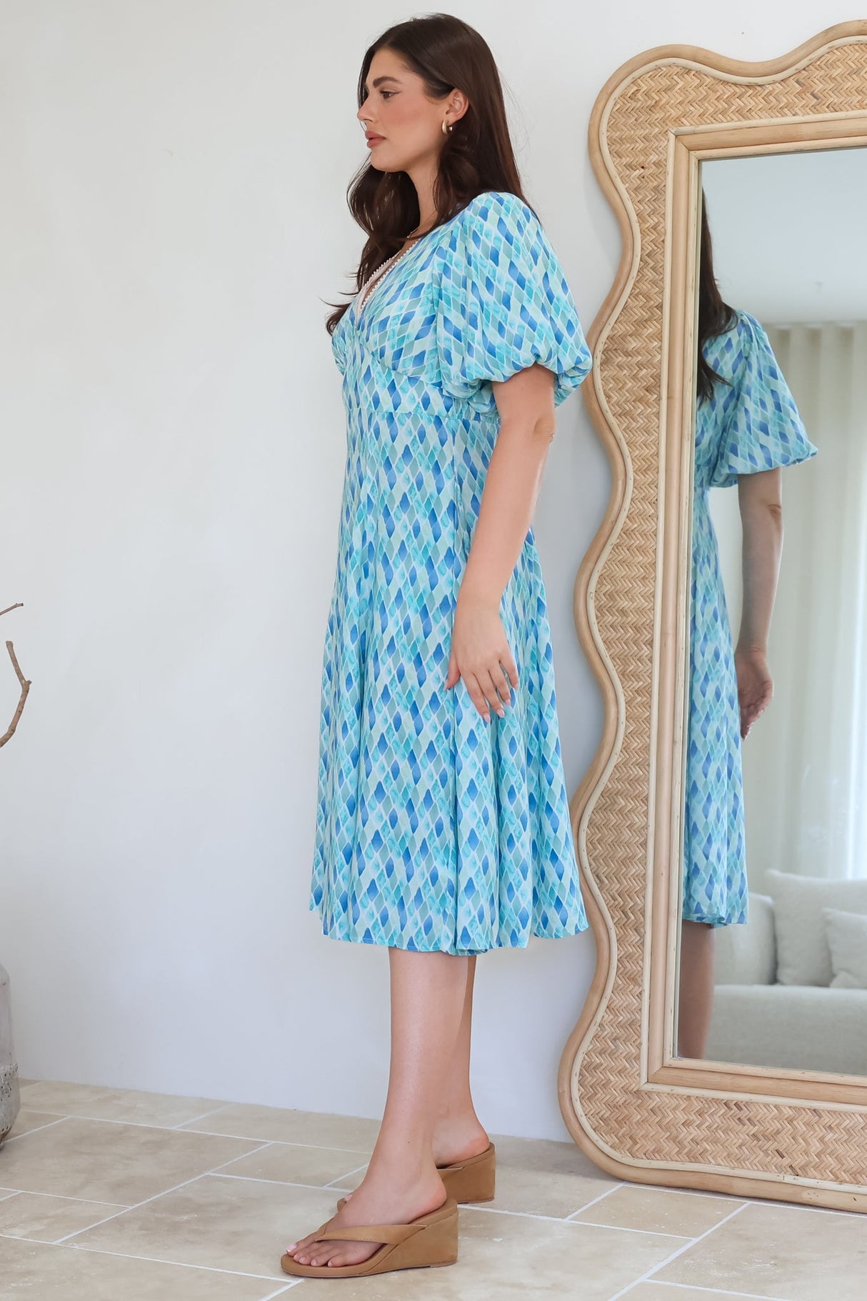Irisa Midi Dress - Lace Trim V-Neck A-Line Dress with Balloon Sleeves in Pasha Print