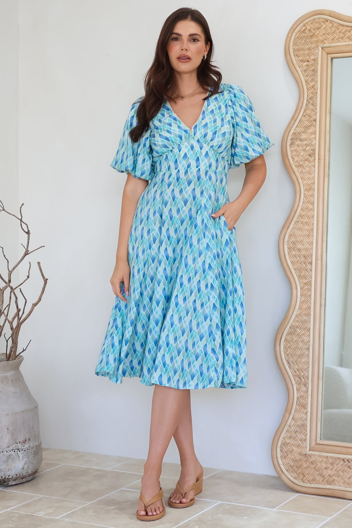 Irisa Midi Dress - Lace Trim V-Neck A-Line Dress with Balloon Sleeves in Pasha Print