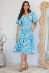 Irisa Midi Dress - Lace Trim V-Neck A-Line Dress with Balloon Sleeves in Pasha Print