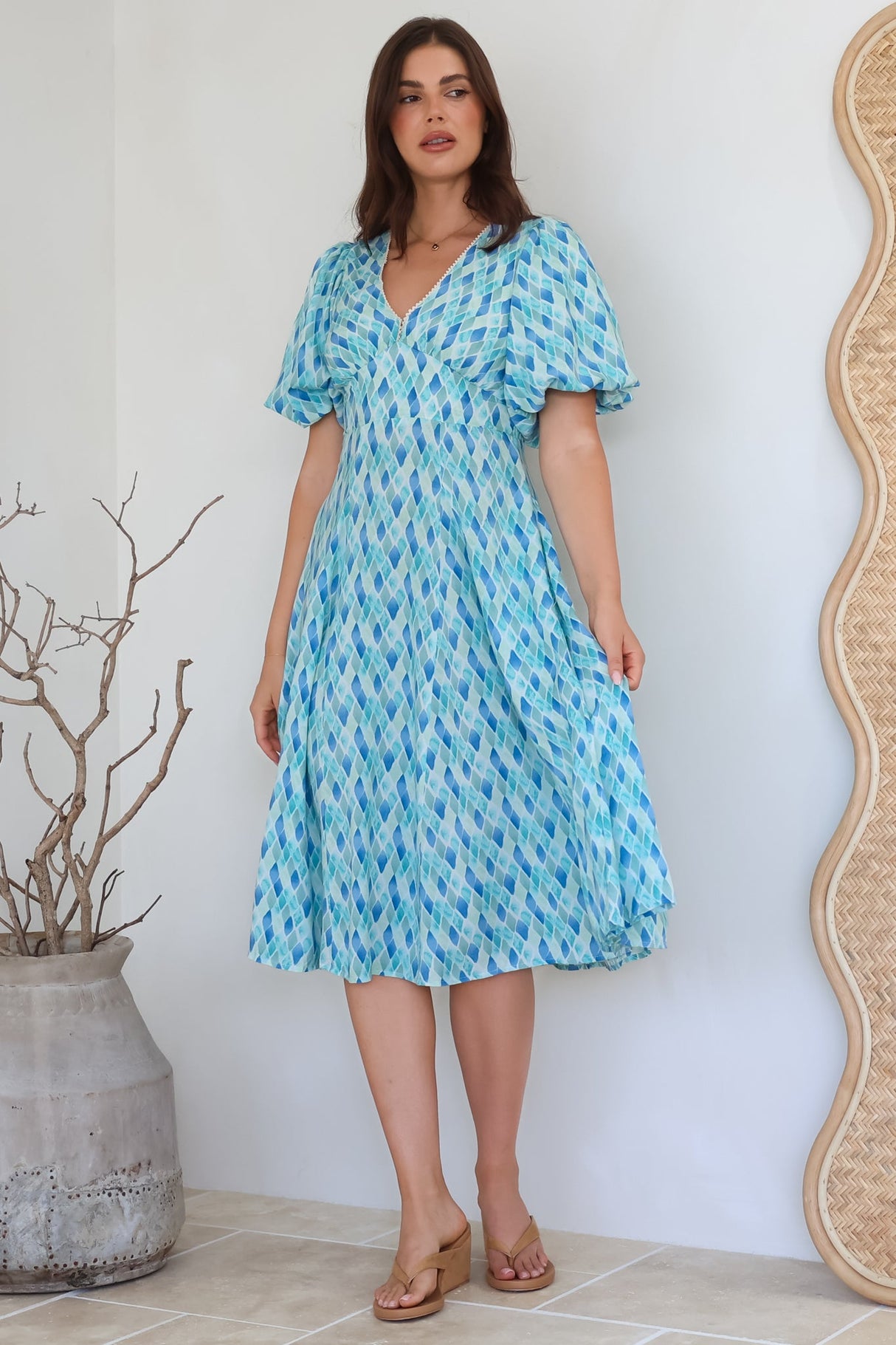 Irisa Midi Dress - Lace Trim V-Neck A-Line Dress with Balloon Sleeves in Pasha Print