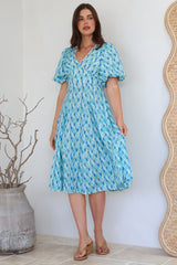 Irisa Midi Dress - Lace Trim V-Neck A-Line Dress with Balloon Sleeves in Pasha Print