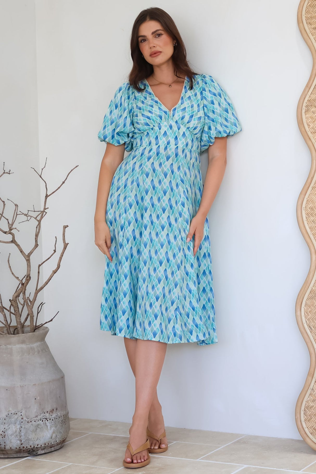 Irisa Midi Dress - Lace Trim V-Neck A-Line Dress with Balloon Sleeves in Pasha Print