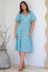 Irisa Midi Dress - Lace Trim V-Neck A-Line Dress with Balloon Sleeves in Pasha Print