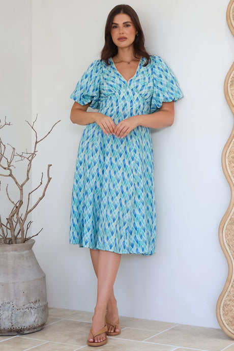 Irisa Midi Dress - Lace Trim V-Neck A-Line Dress with Balloon Sleeves in Pasha Print