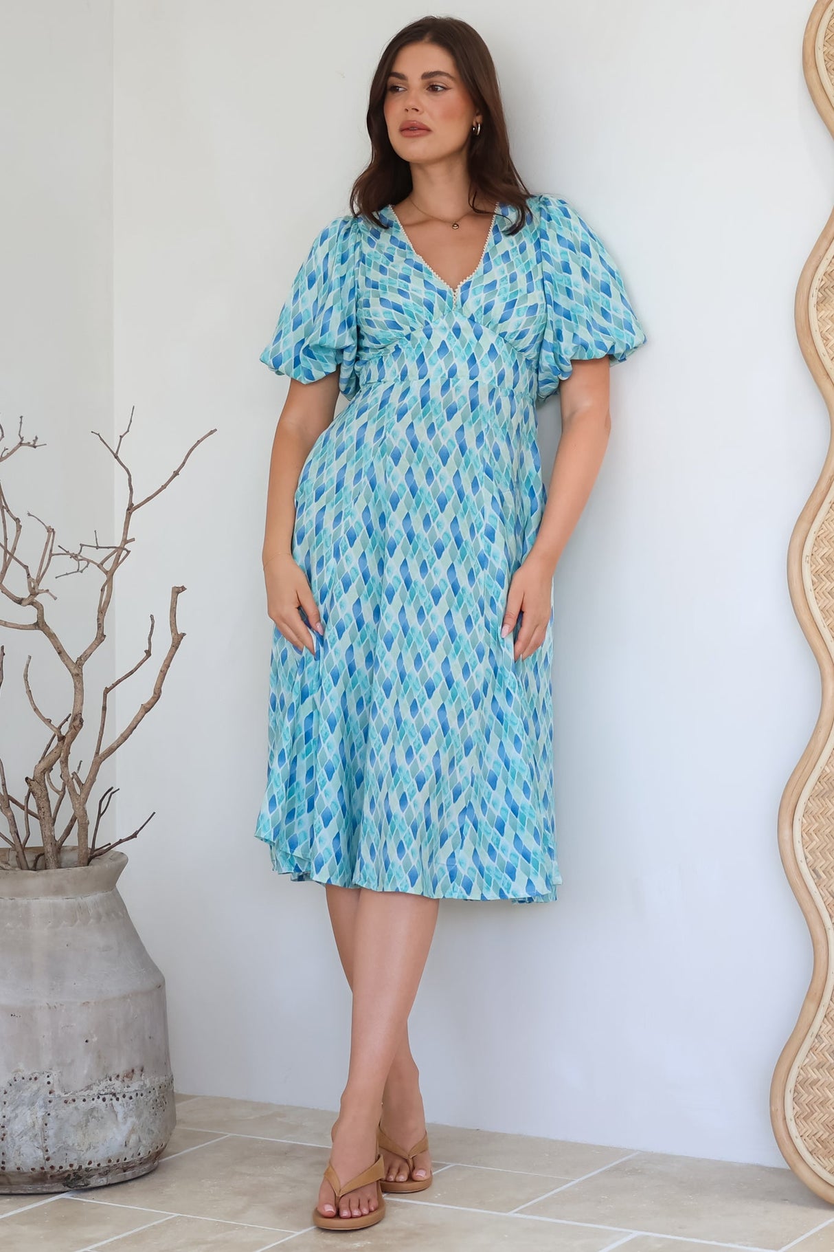 Irisa Midi Dress - Lace Trim V-Neck A-Line Dress with Balloon Sleeves in Pasha Print