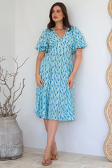 Irisa Midi Dress - Lace Trim V-Neck A-Line Dress with Balloon Sleeves in Pasha Print
