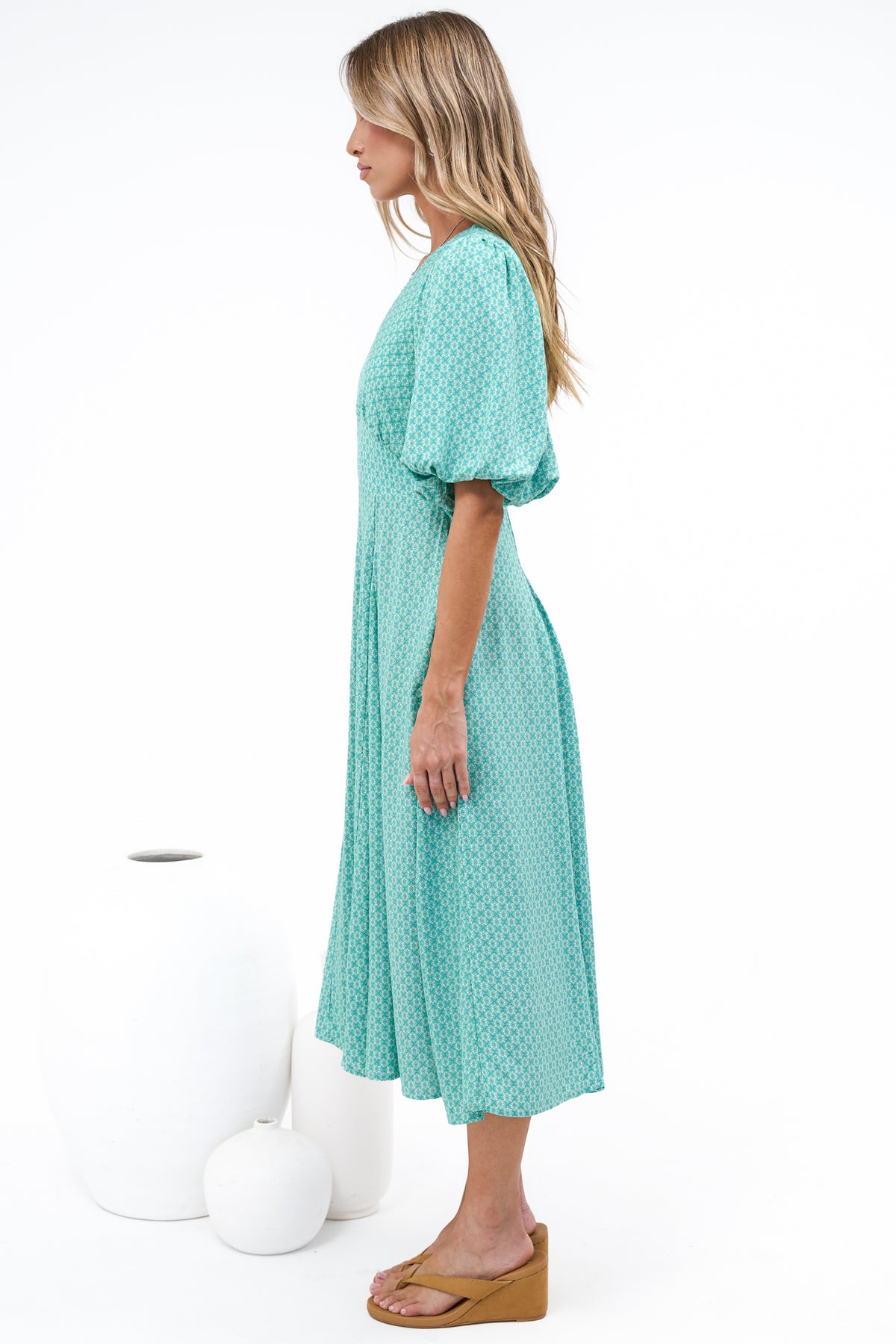 Irisa Midi Dress - Lace Trim V-Neck A-Line Dress with Balloon Sleeves in Belladore Print