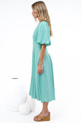 Irisa Midi Dress - Lace Trim V-Neck A-Line Dress with Balloon Sleeves in Belladore Print