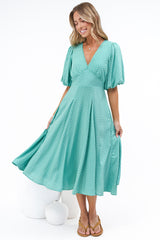 Irisa Midi Dress - Lace Trim V-Neck A-Line Dress with Balloon Sleeves in Belladore Print