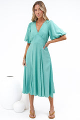 Irisa Midi Dress - Lace Trim V-Neck A-Line Dress with Balloon Sleeves in Belladore Print