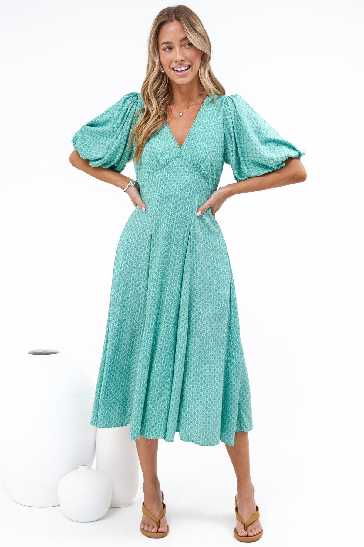 Irisa Midi Dress - Lace Trim V-Neck A-Line Dress with Balloon Sleeves in Belladore Print