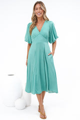 Irisa Midi Dress - Lace Trim V-Neck A-Line Dress with Balloon Sleeves in Belladore Print