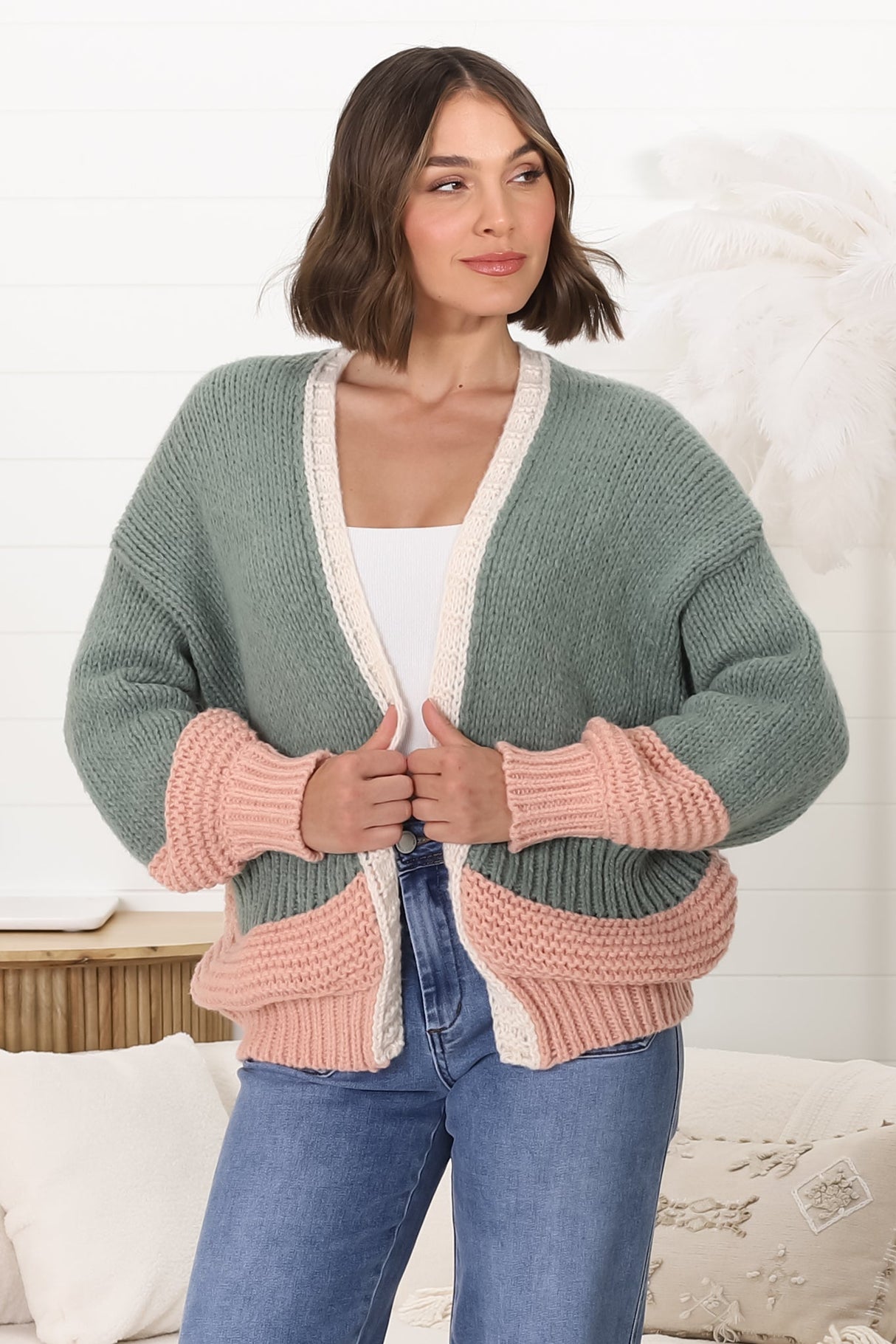 Isa Cardigan - Colour Block Open Knit in Melon