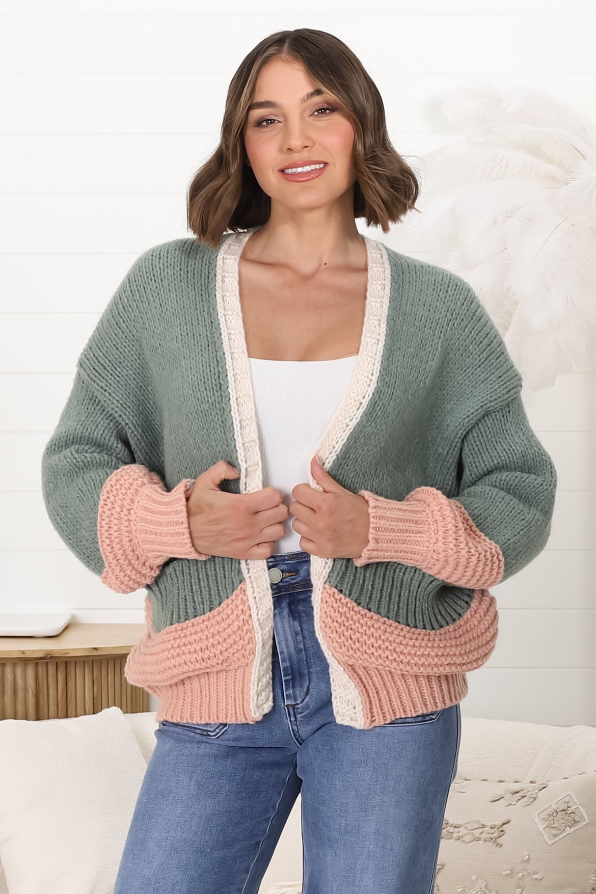 Isa Cardigan - Colour Block Open Knit in Melon