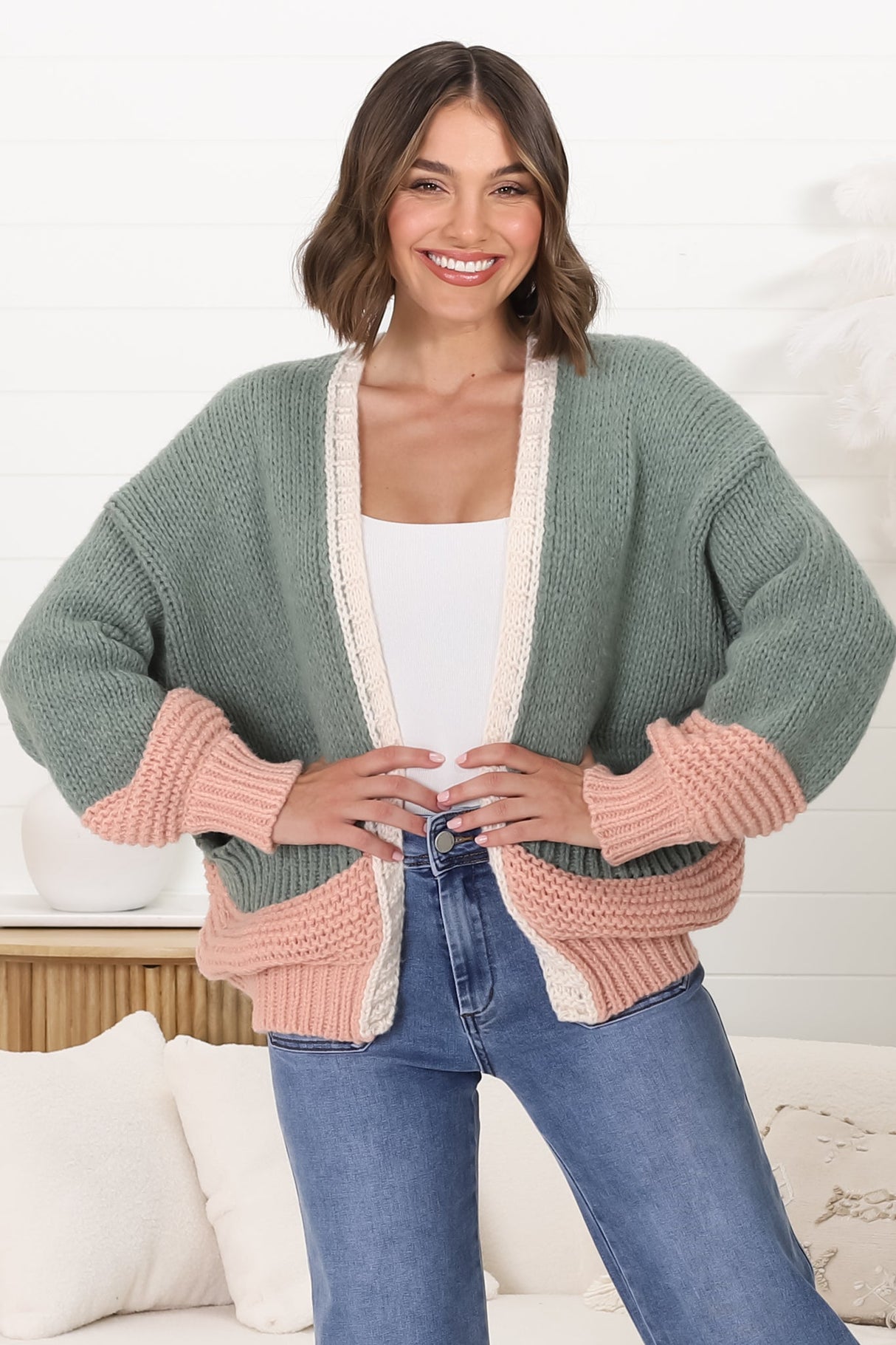 Isa Cardigan - Colour Block Open Knit in Melon