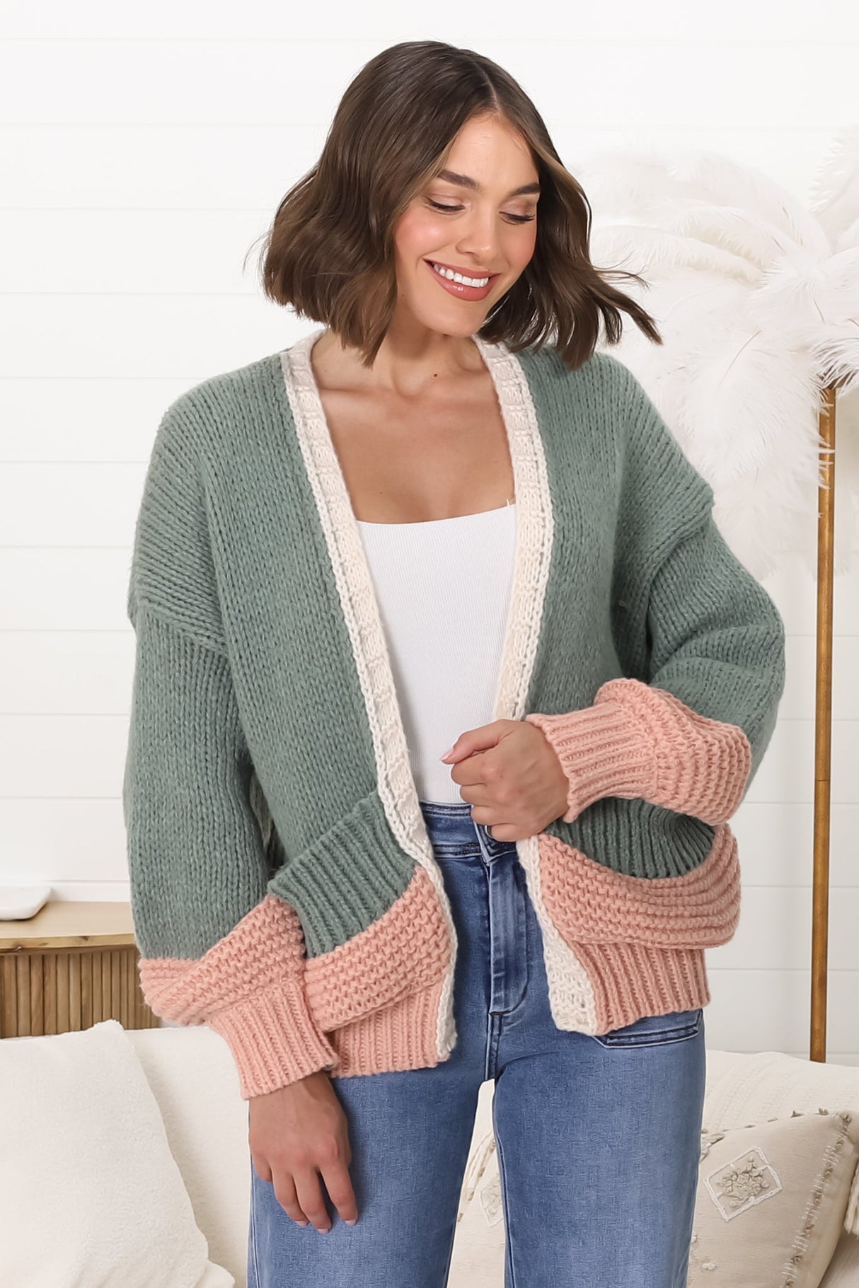 Isa Cardigan - Colour Block Open Knit in Melon