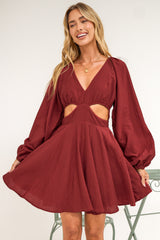 Isabeau Mini Dress - Cutout Waist Fit and Flare Dress with Long Balloon Sleeves in Wine