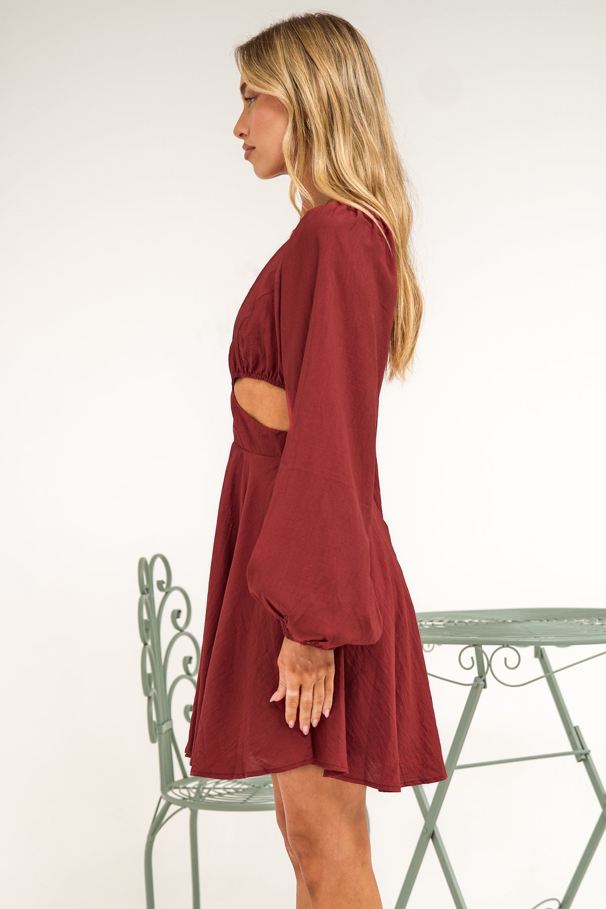 Isabeau Mini Dress - Cutout Waist Fit and Flare Dress with Long Balloon Sleeves in Wine