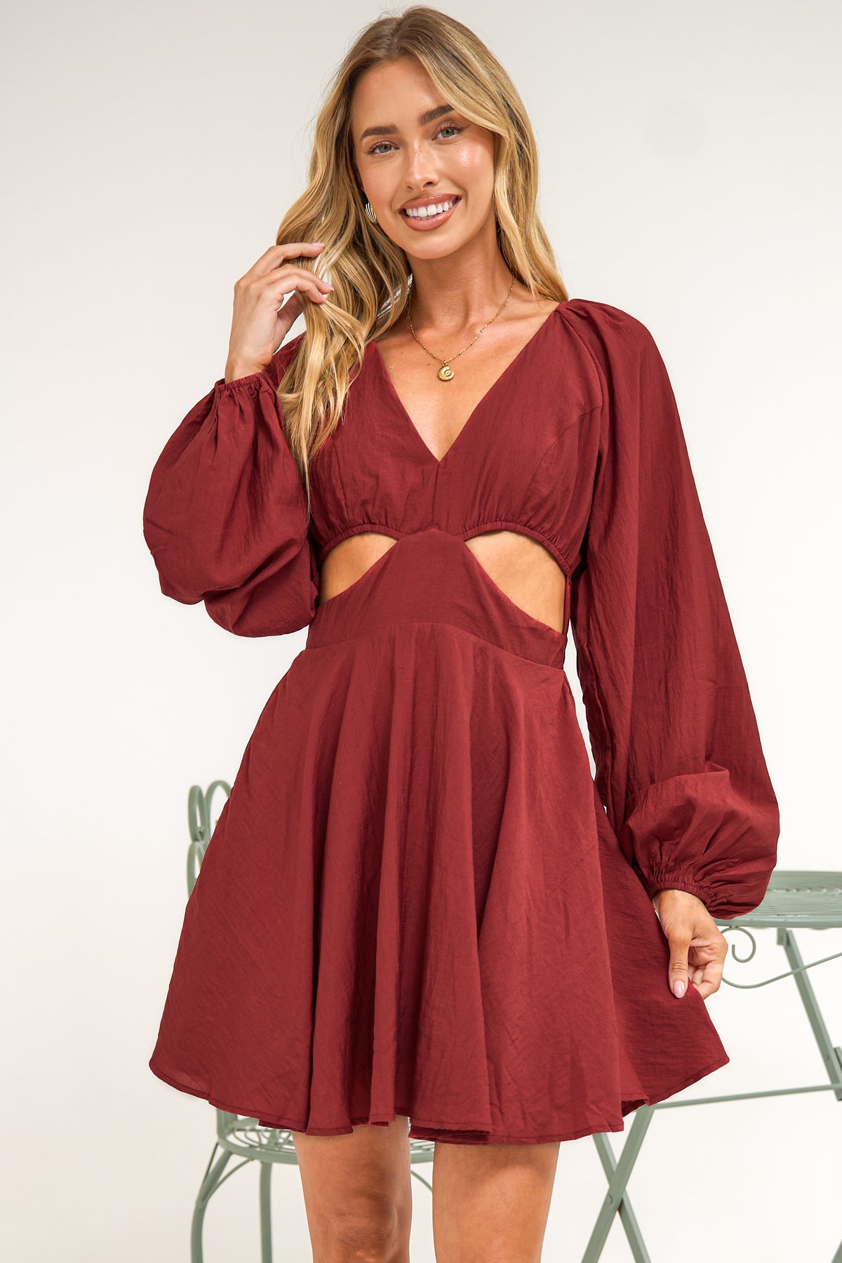 Isabeau Mini Dress - Cutout Waist Fit and Flare Dress with Long Balloon Sleeves in Wine